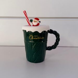Caneca verde Merry Christmas com tampa 18cm